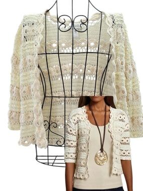 Chico’s Crochet Sequined Cream Cardigan Sweater Grannycore Cottagecore Size 0
